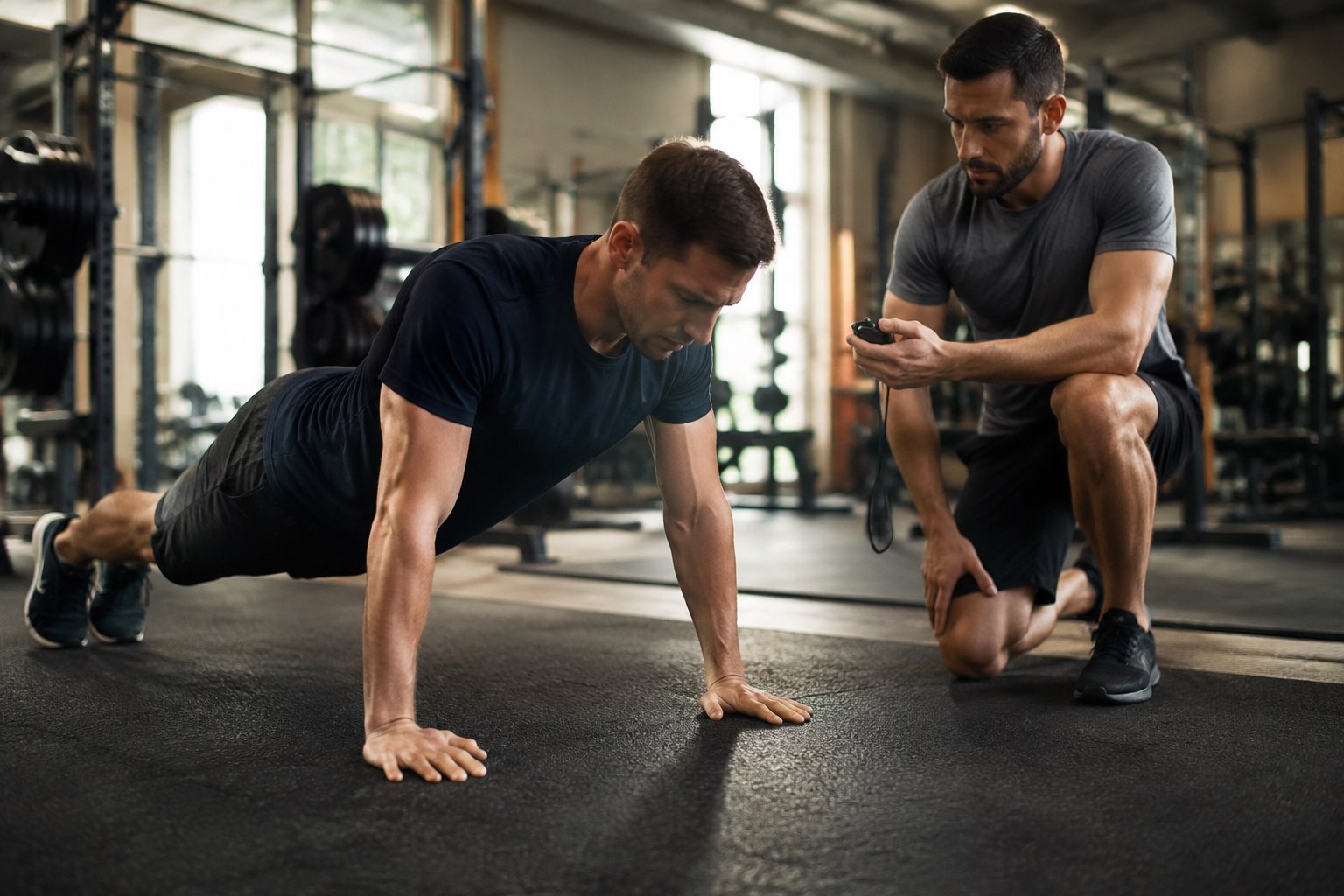 Coach counting push-up cadence during Victoria Police fitness test preparation