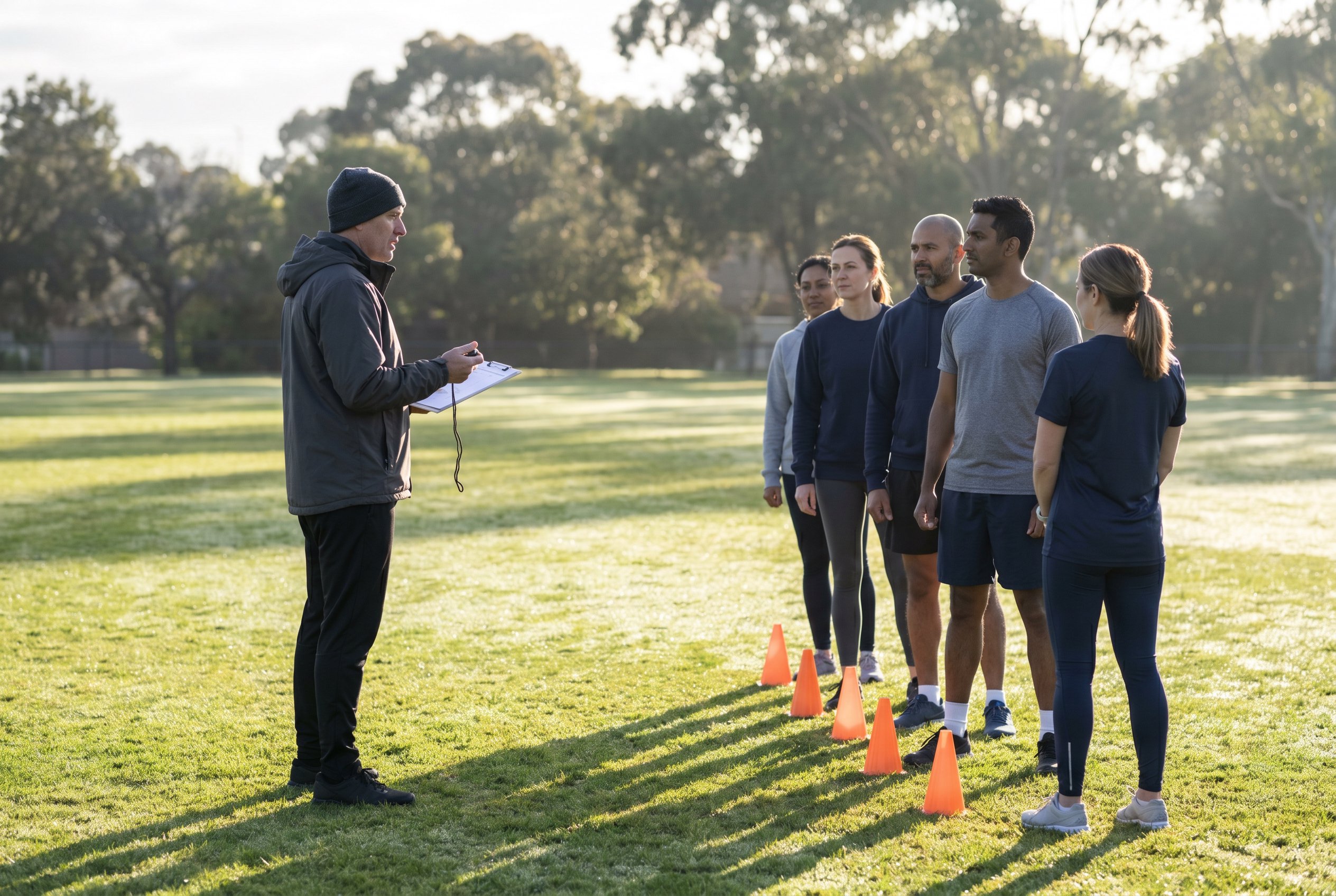 Coach running a mock Victoria Police fitness assessment on a Melbourne oval