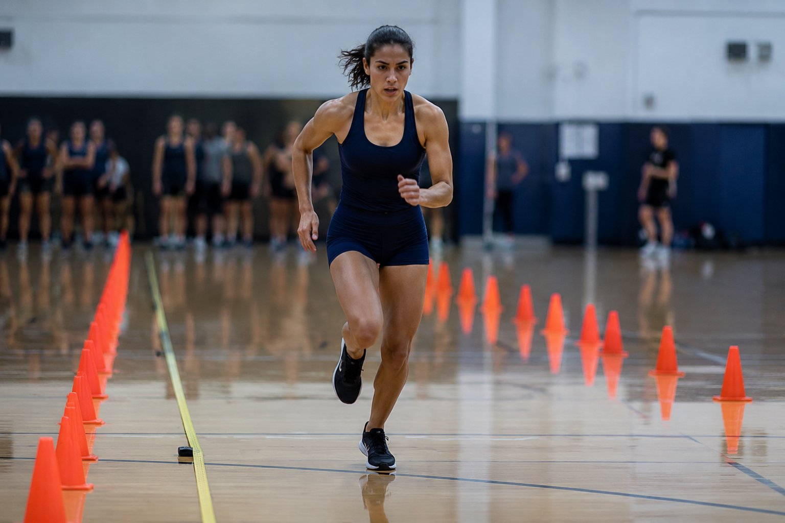 Recruit running the multi-stage beep test between cones on a measured 20m track