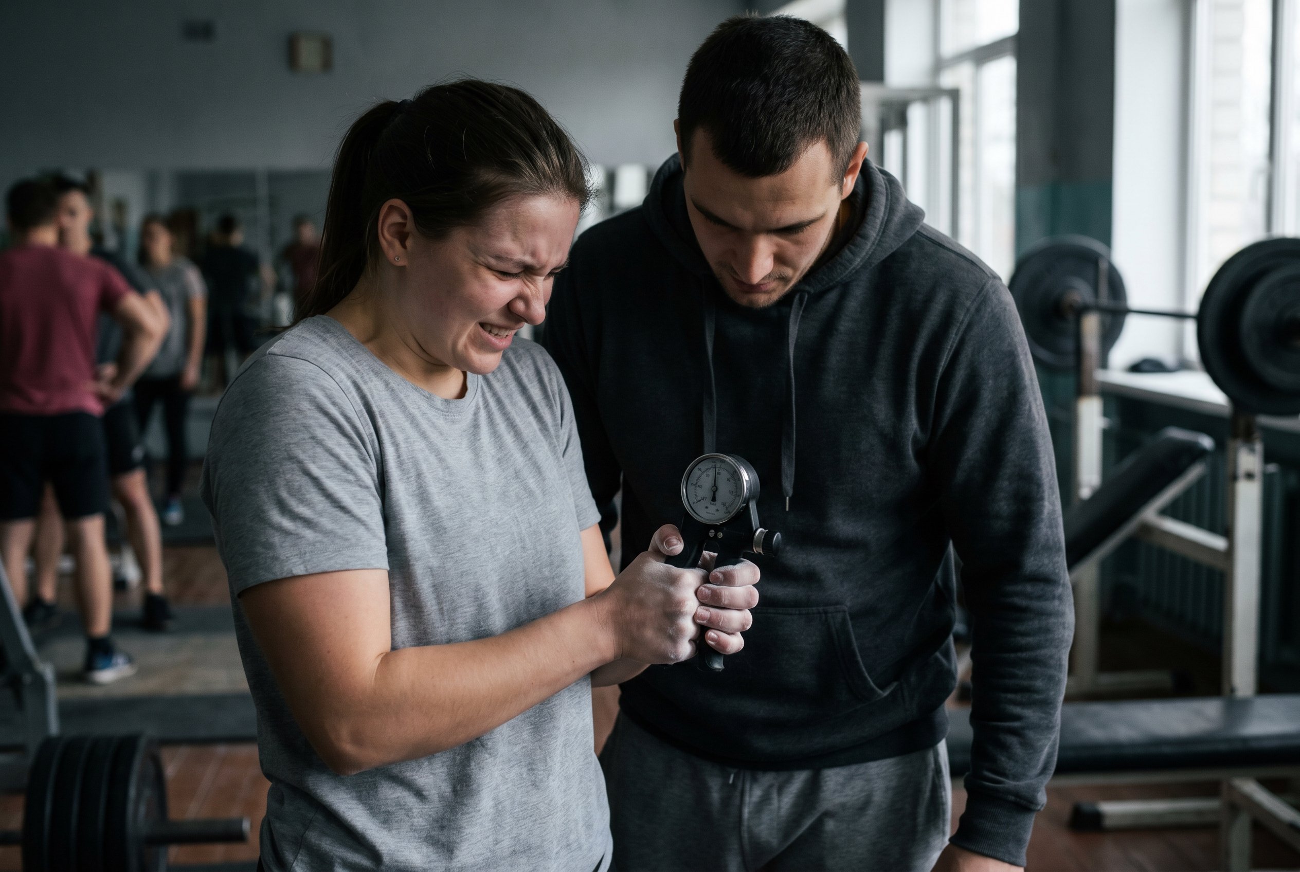 Trainee squeezing a hand-grip dynamometer while a coach checks the reading
